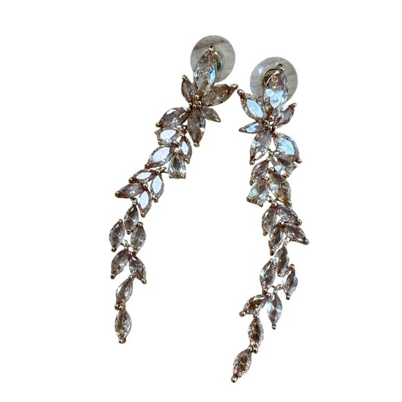 Jewelry - Rose Gold Crystal Leaf Dangle Earrings Long Drop Bridal Jewelry Statement Prom